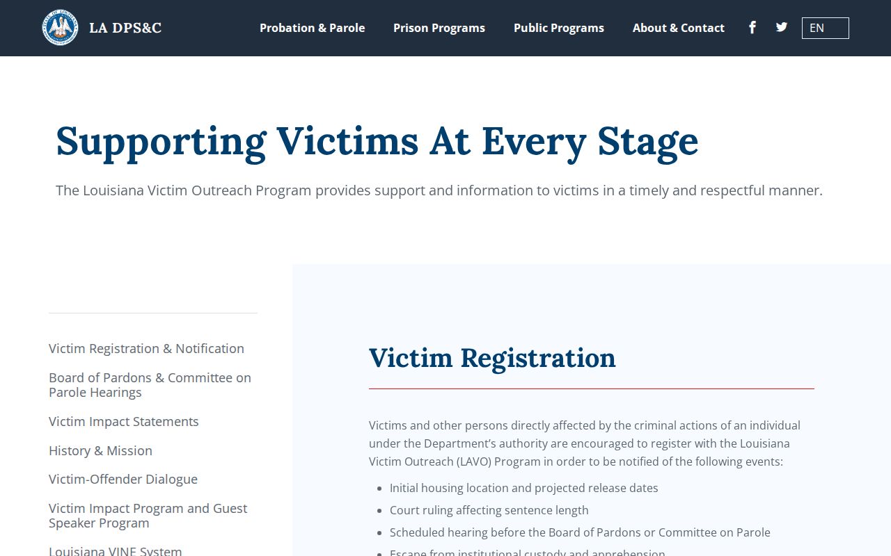Louisiana DPS and Corrections victim services page distinguishing LA VINE from Victim Outreach