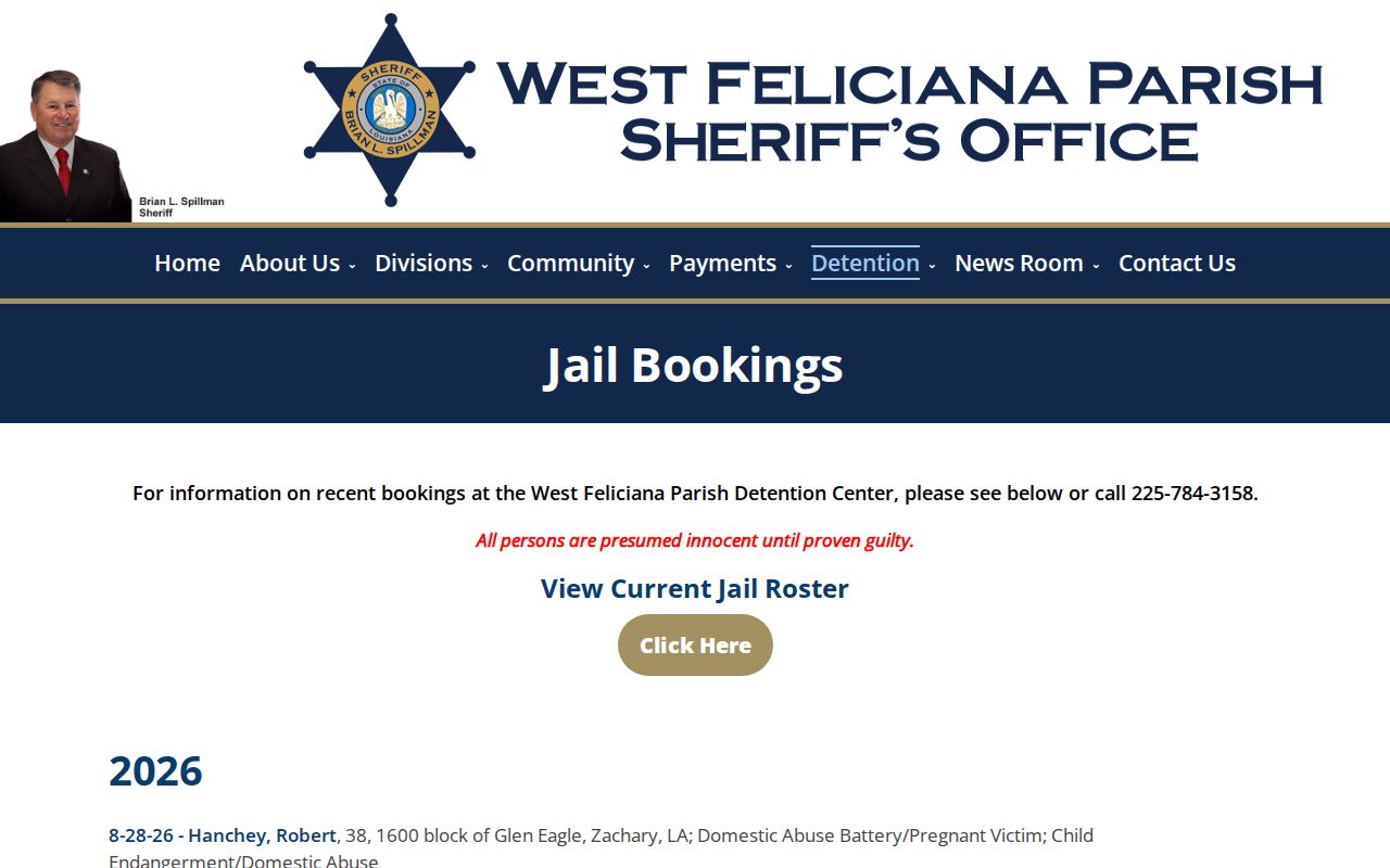 West Feliciana Parish Sheriff Jail Bookings page with dated entries and public information notice
