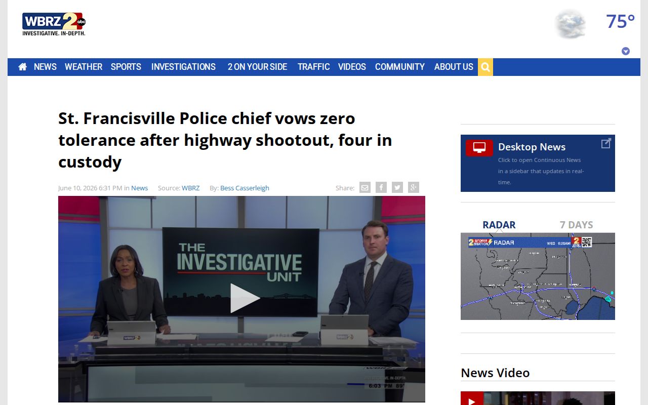 WBRZ coverage connecting a St. Francisville police arrest with parish detention booking