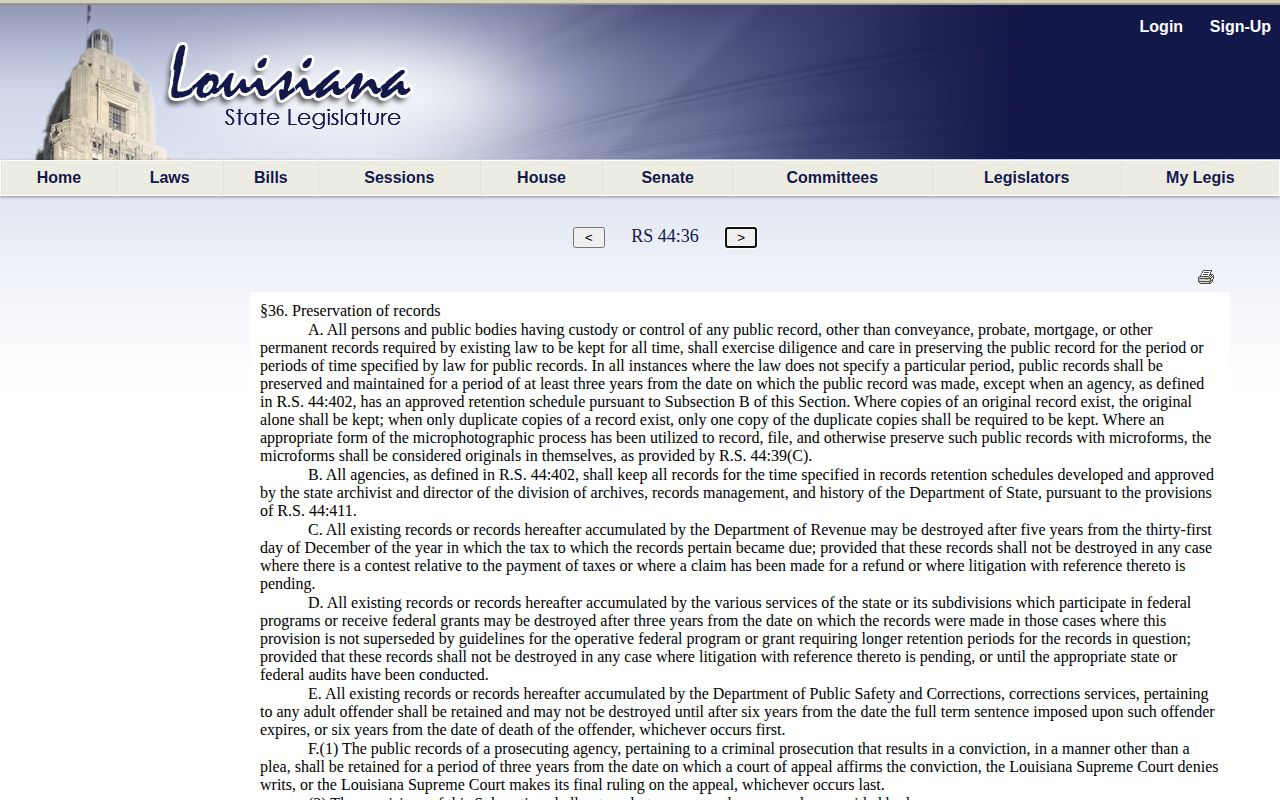 Louisiana public records retention statute addressing the general three-year floor