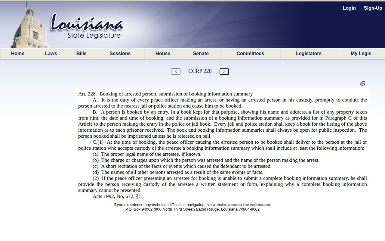 Louisiana law for West Feliciana Parish arrest booking record fields